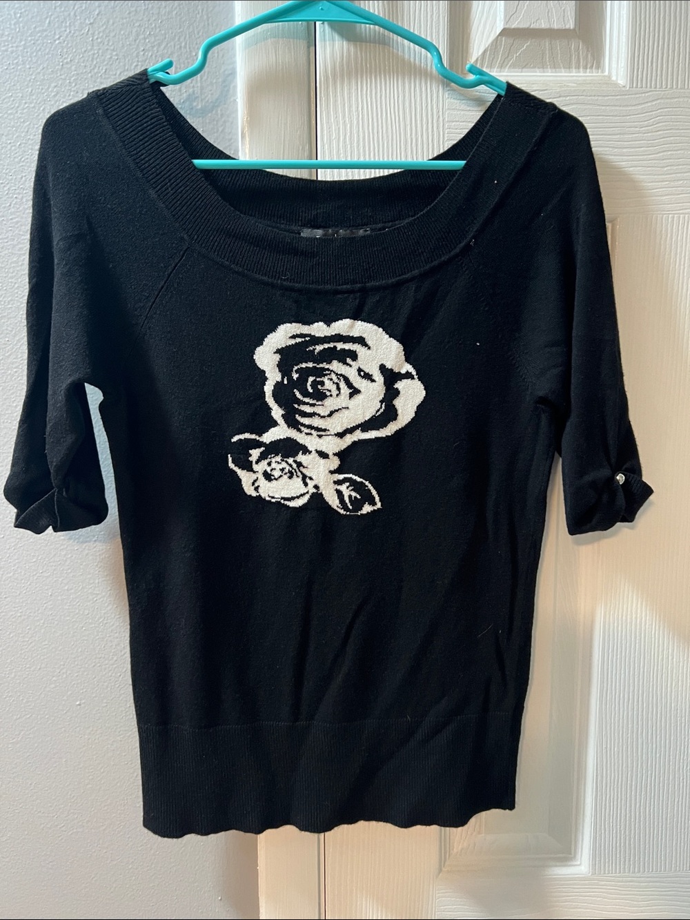 White House Black Market Black Sweater Top with White Rose